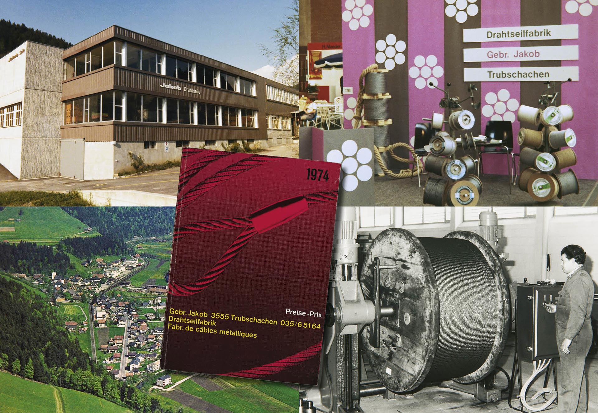 Image montage of the Jakob office in 1970s, trade fair presentations and a price list
